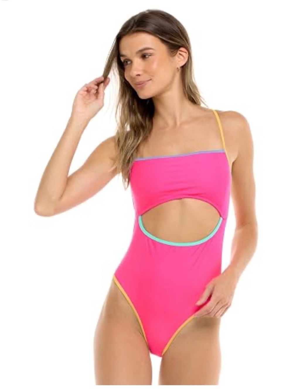 Body Glove Neon Pink Cutout One-Piece with Yellow and Aqua Trim